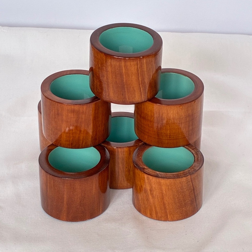 Vintage Wood Napkin Rings Set of 8 Brown Turquoise Lacquer Interior MCM Style